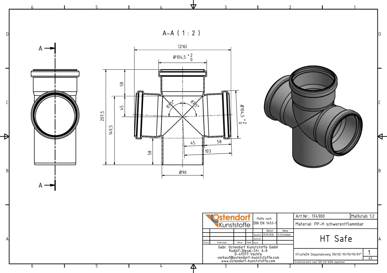 Ostendorf HTsafe HTsafe-Doppelabzweig 174900 DN/OD 90x90x90, 87° 4 Ostendorf HTsafe HTsafe-Doppelabzweig 174900 DN/OD 90x90x90, 87° – Bild 2