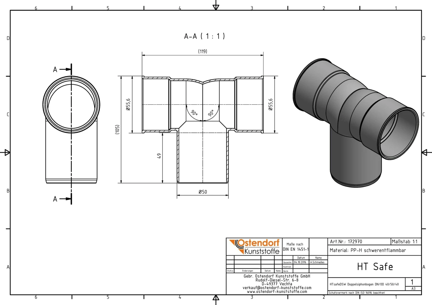 Ostendorf HTsafe HTsafe-Doppelanschlussbogen 172970 DN/OD 40x50x40, Doppelt 4 Ostendorf HTsafe HTsafe-Doppelanschlussbogen 172970 DN/OD 40x50x40, Doppelt – Bild 2